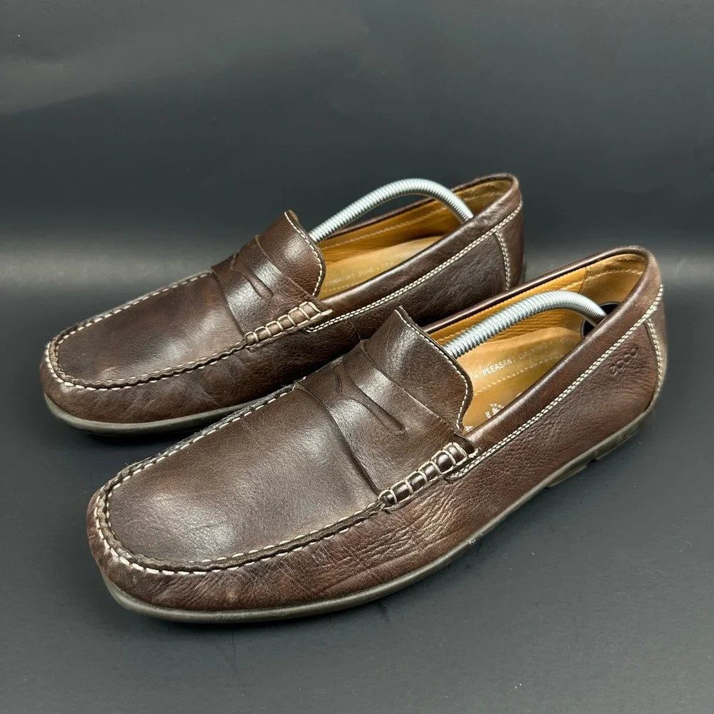 ECCO Mens Brown Leather Penny Loafers Handsewn Driving Shoes Moc 45 US 11-11.5